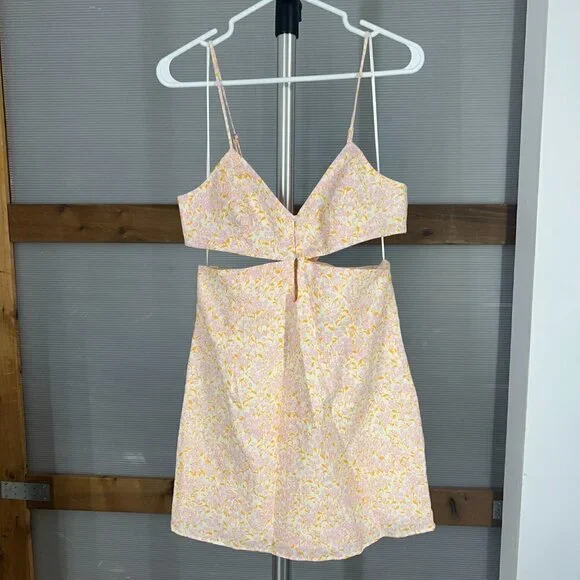 NWT Zara Linen Blend Purple Orange‎ Cream Cut Out Lined Mini Dress Sz L - Picture 2 of 14